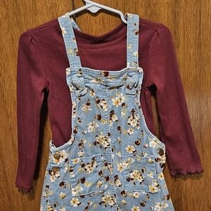 Girls Floral Denim Overall Dress with Burgundy Long Sleeve Top